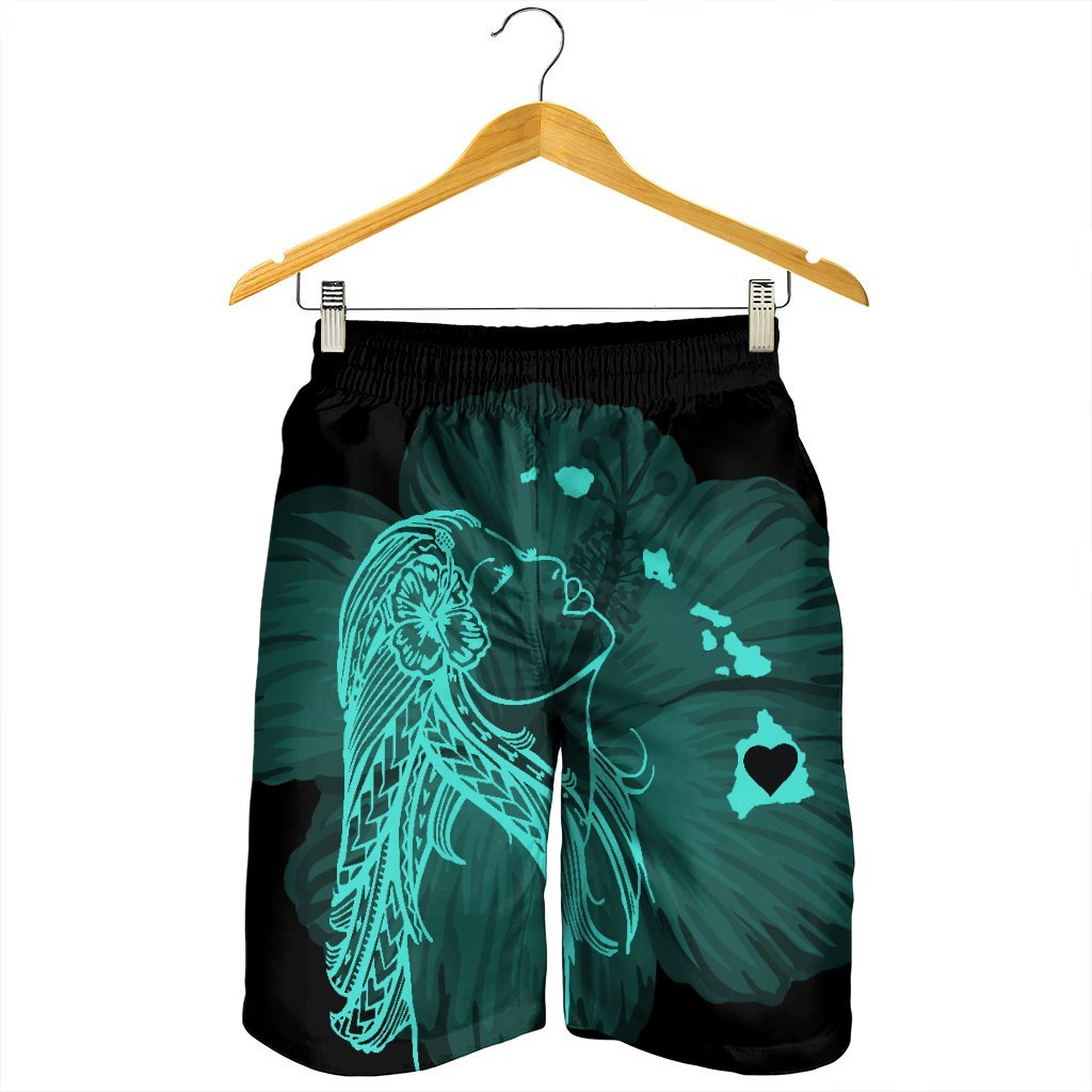 Hawaiian Map Heart Hula Girl Hibiscus Turquoise Polynesian Men's Shorts - AH - Polynesian Pride