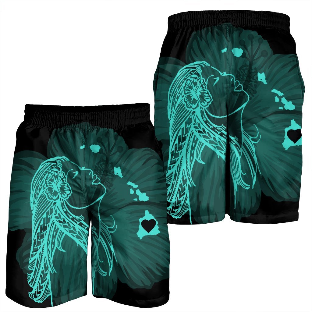 Hawaiian Map Heart Hula Girl Hibiscus Turquoise Polynesian Men's Shorts - AH - Polynesian Pride
