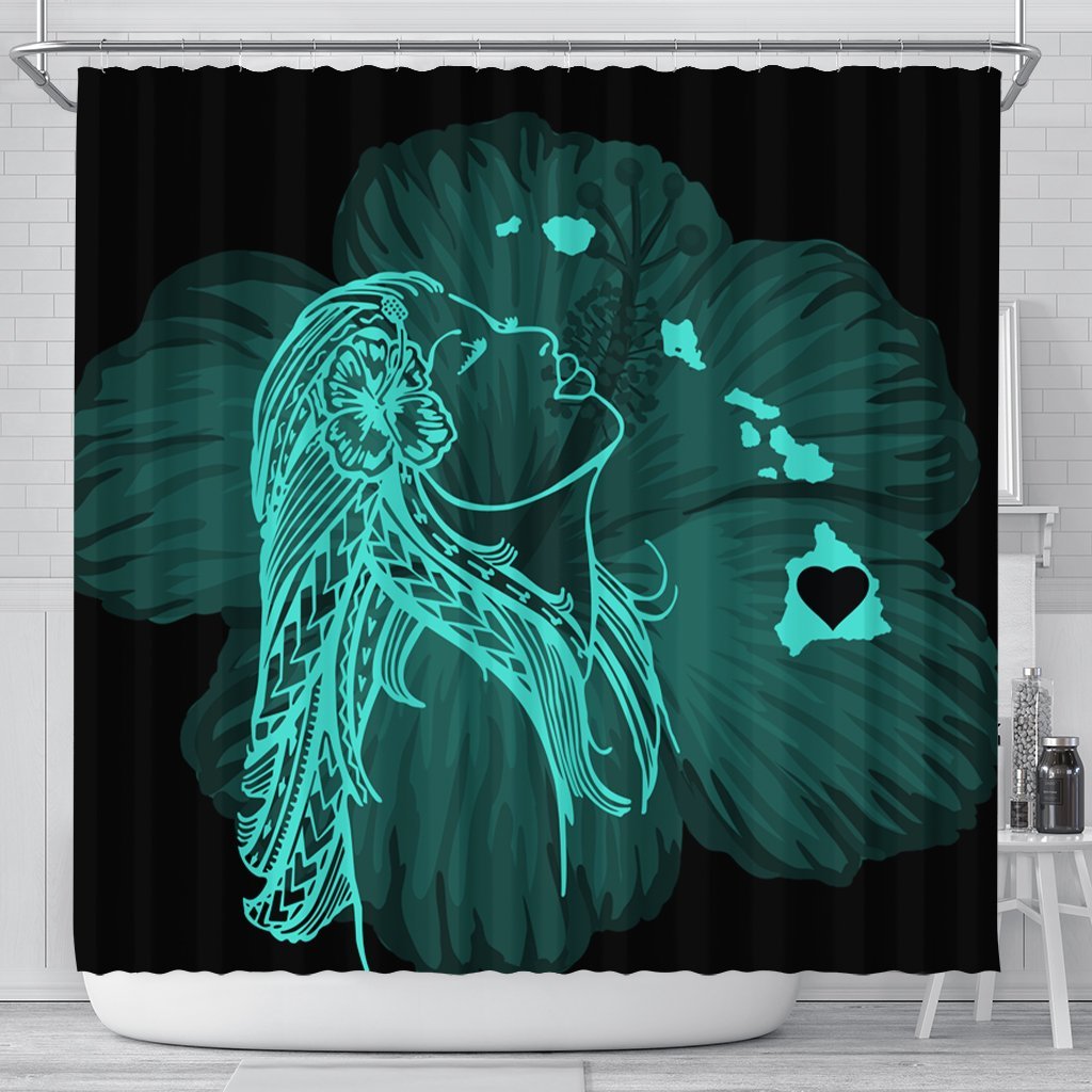 Hawaiian Map Heart Hula Girl Hibiscus Turquoise Polynesian Shower Curtain - AH 177 x 172 (cm) Black - Polynesian Pride