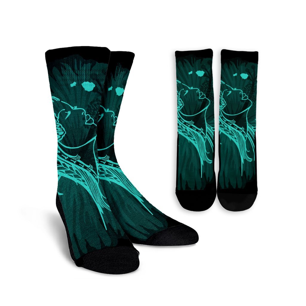 Hawaiian Map Heart Hula Girl Hibiscus Turquoise Polynesian Crew Socks - AH Crew Socks White - Polynesian Pride