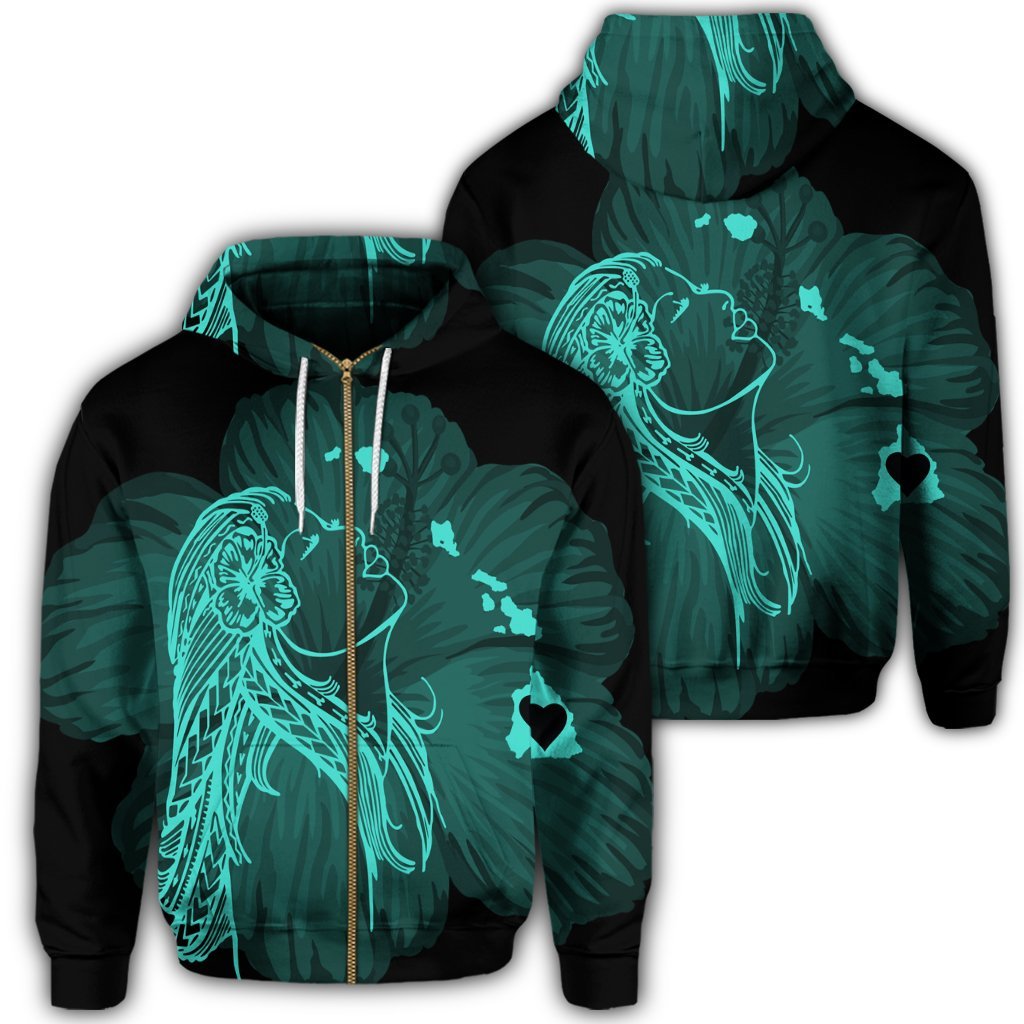 Hawaiian Map Heart Hula Girl Hibiscus Turquoise Polynesian Zip Hoodie Unisex Art - Polynesian Pride