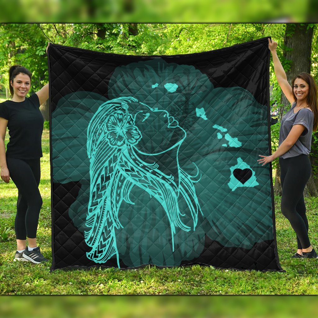 Hawaiian Map Heart Hula Girl Hibiscus Turquoise Polynesian Premium Quilts - AH Black - Polynesian Pride