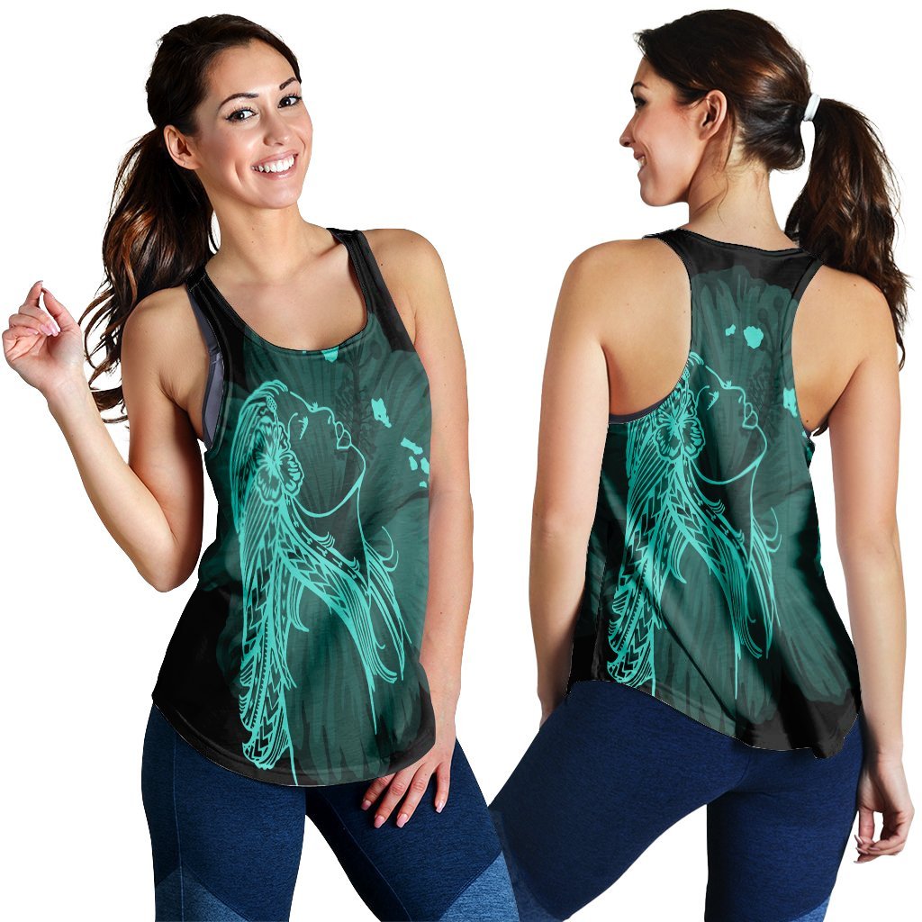 Hawaiian Map Heart Hula Girl Hibiscus Turquoise Polynesian Racerback Tank - AH Black - Polynesian Pride