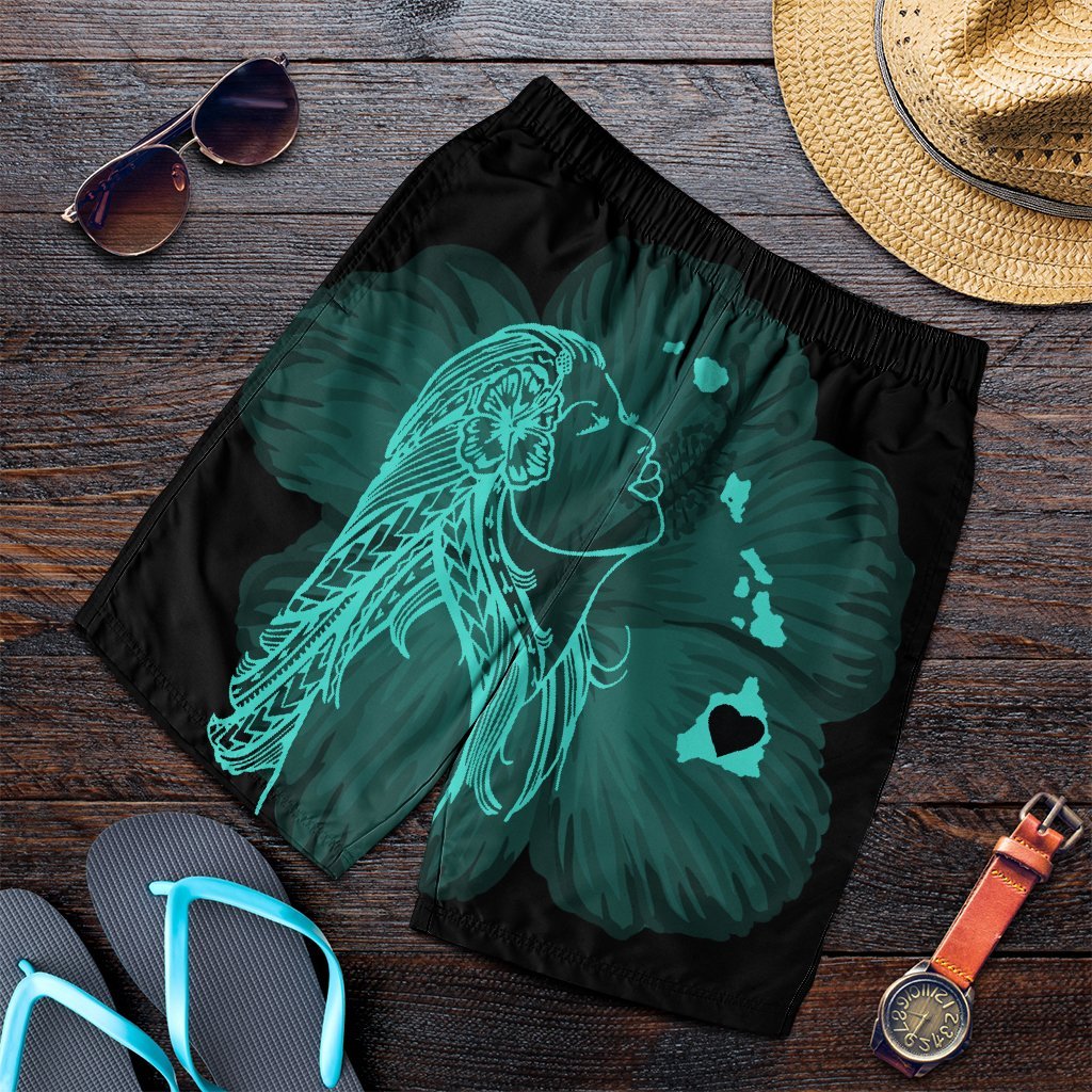 Hawaiian Map Heart Hula Girl Hibiscus Turquoise Polynesian Men's Shorts - AH Art - Polynesian Pride