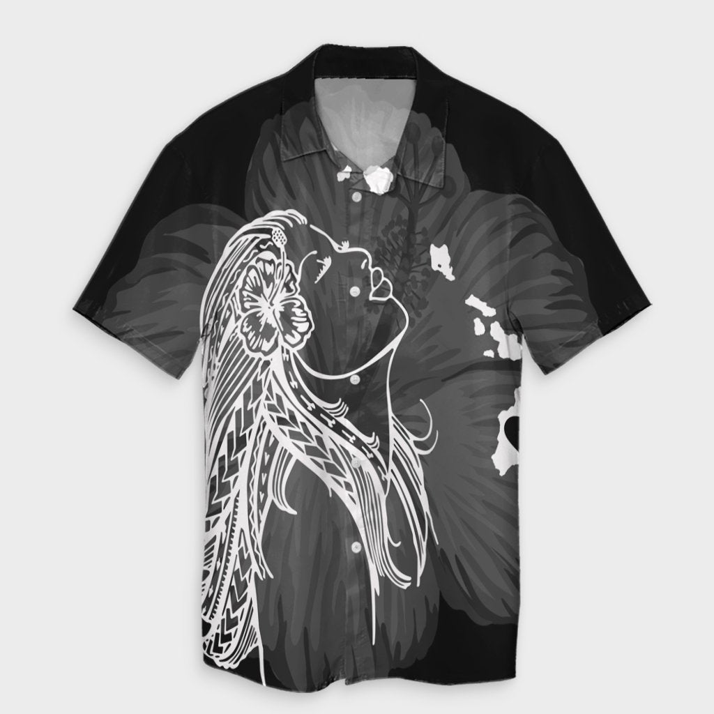 Hawaiian Map Heart Hula Girl Hibiscus White Polynesian Hawaiian Shirt - AH Unisex Black - Polynesian Pride