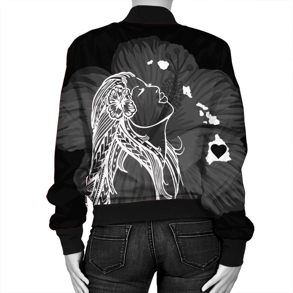 Hawaiian Map Heart Hula Girl Hibiscus White Polynesian Bomber Jacket - AH - Polynesian Pride