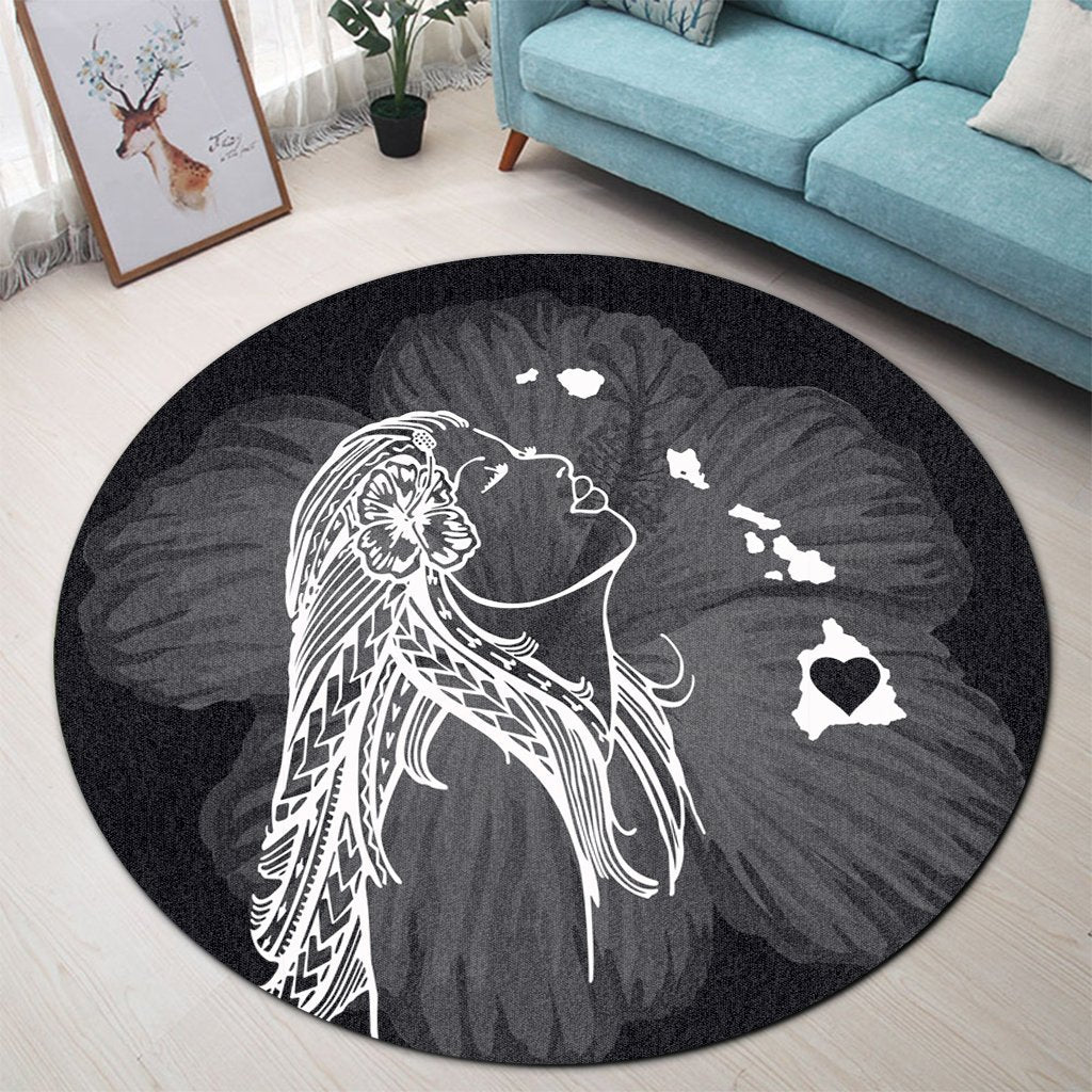 Hawaiian Map Heart Hula Girl Hibiscus White Polynesian Round Carpet - AH - Polynesian Pride
