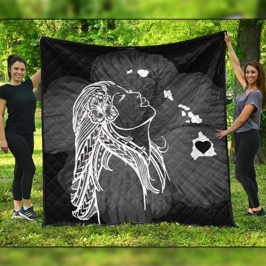 Hawaiian Map Heart Hula Girl Hibiscus White Polynesian Premium Quilts - AH Black - Polynesian Pride