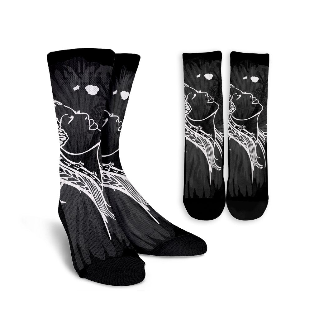 Hawaiian Map Heart Hula Girl Hibiscus White Polynesian Crew Socks - AH Crew Socks White - Polynesian Pride