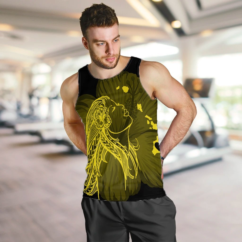 Hawaiian Map Heart Hula Girl Hibiscus Yellow Polynesian Tank Top - AH - Polynesian Pride