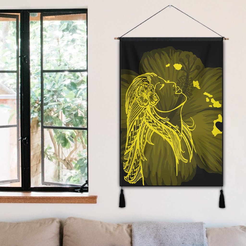 Hawaiian Map Heart Hula Girl Hibiscus Yellow Polynesian Hanging Poster - AH - Polynesian Pride