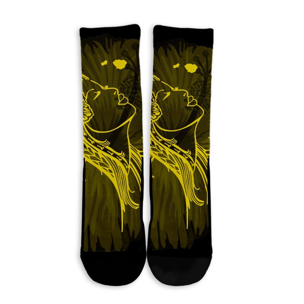 Hawaiian Map Heart Hula Girl Hibiscus Yellow Polynesian Crew Socks - AH - Polynesian Pride