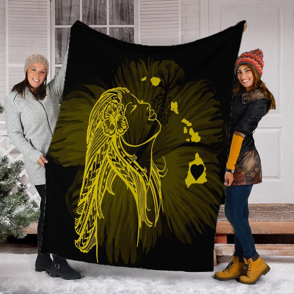 Hawaiian Map Heart Hula Girl Hibiscus Yellow Polynesian Premium Blankets - AH - Polynesian Pride