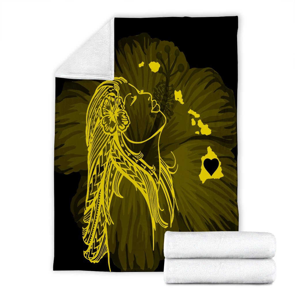 Hawaiian Map Heart Hula Girl Hibiscus Yellow Polynesian Premium Blankets - AH - Polynesian Pride