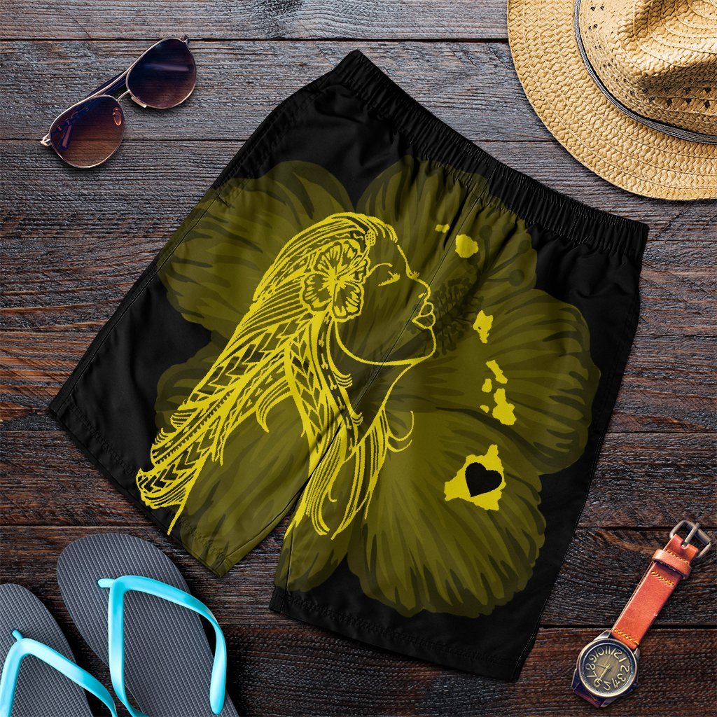 Hawaiian Map Heart Hula Girl Hibiscus Yellow Polynesian Men's Shorts - AH Art - Polynesian Pride