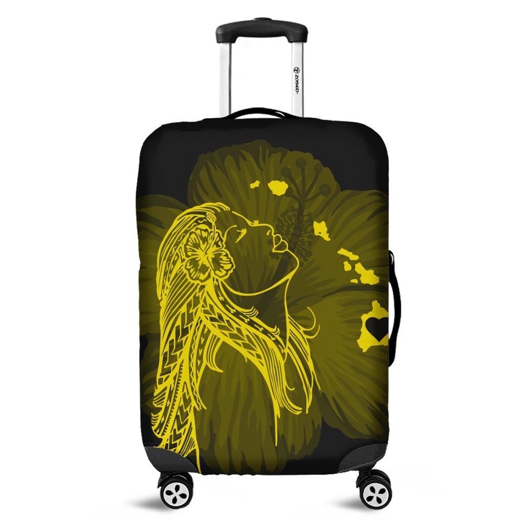 Hawaiian Map Heart Hula Girl Hibiscus Yellow Polynesian Luggage Covers - AH Black - Polynesian Pride