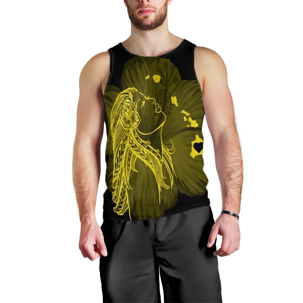 Hawaiian Map Heart Hula Girl Hibiscus Yellow Polynesian Tank Top - AH Black - Polynesian Pride