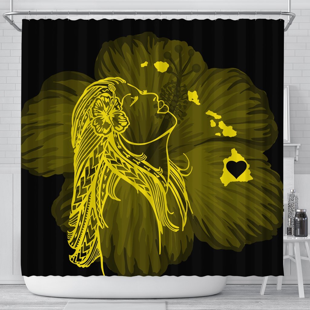 Hawaiian Map Heart Hula Girl Hibiscus Yellow Polynesian Shower Curtain - AH 177 x 172 (cm) Black - Polynesian Pride