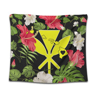 Hawaiian Map Heart Kanaka Hibiscus Polynesian Tapestry - AH Wall Tapestry Black - Polynesian Pride