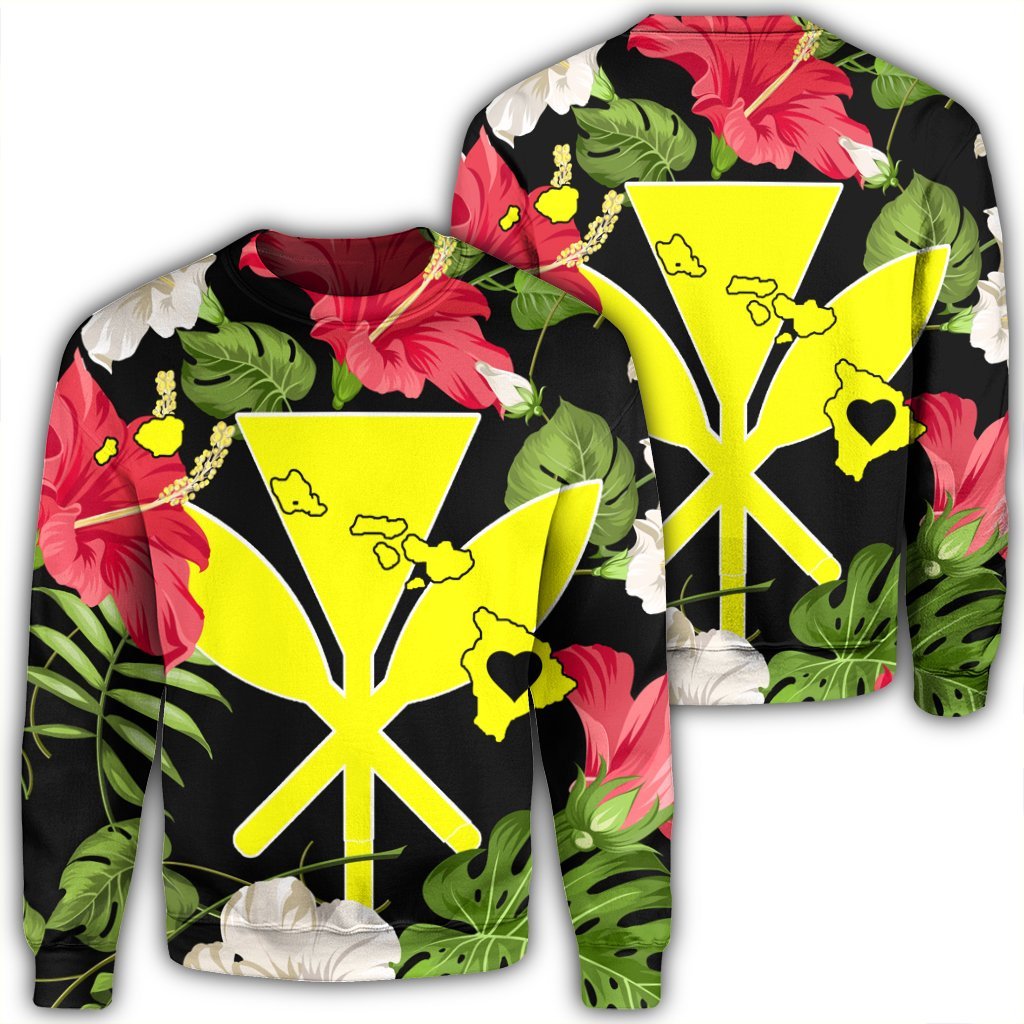 Hawaiian Map Heart Kanaka Hibiscus Polynesian Sweatshirt - AH Unisex Black - Polynesian Pride