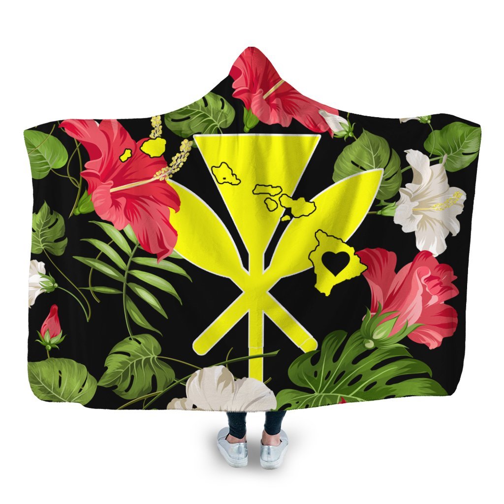 Hawaiian Map Heart Kanaka Hibiscus Polynesian Hooded Blanket - AH Hooded Blanket White - Polynesian Pride