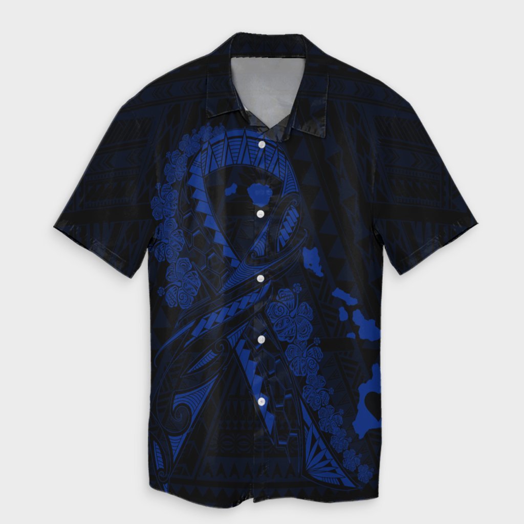 Hawaiian Map Heart Ribbon Cancer Hibiscus Blue Polynesian Hawaiian Shirt - AH Unisex Black - Polynesian Pride