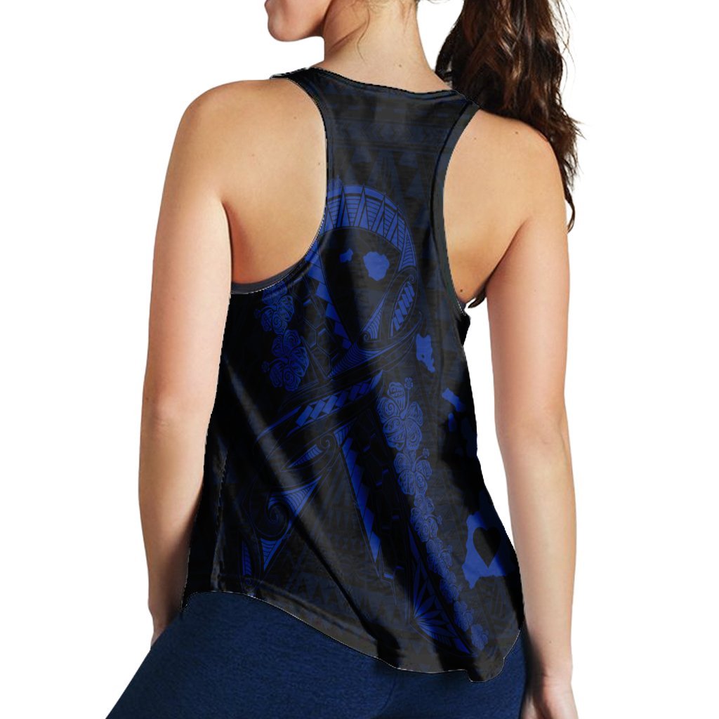 Hawaiian Map Heart Ribbon Cancer Hibiscus Blue Polynesian Racerback Tank - AH - Polynesian Pride