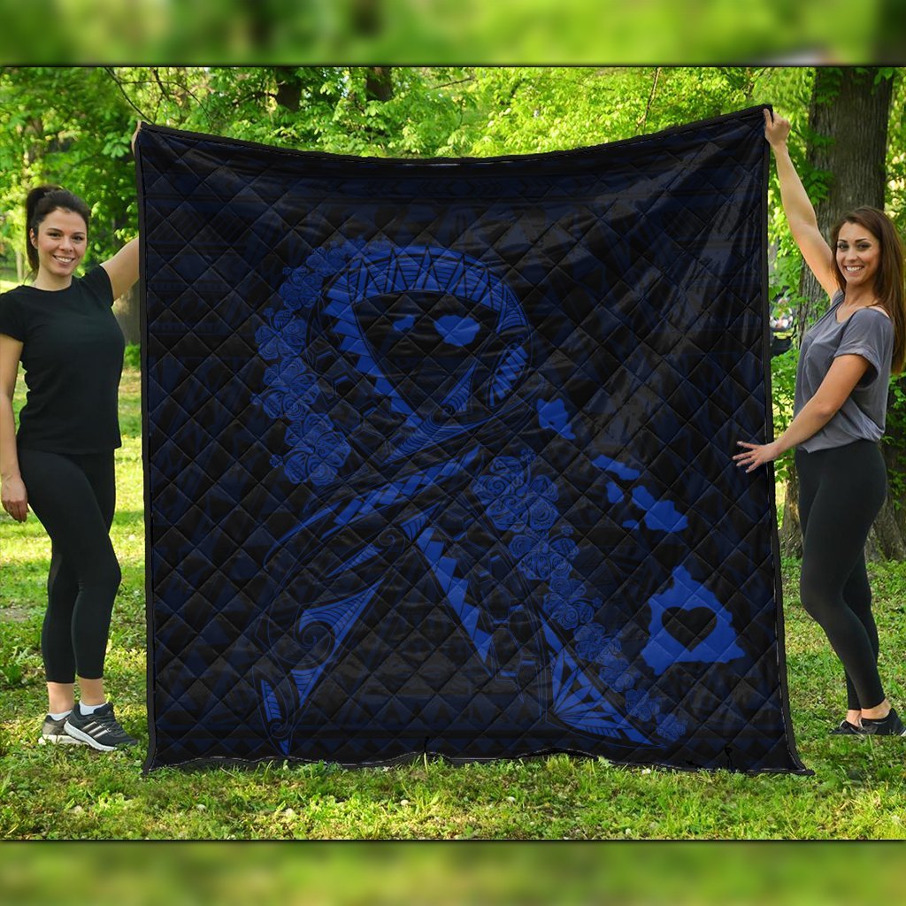 Hawaiian Map Heart Ribbon Cancer Hibiscus Blue Polynesian Premium Quilts - AH Black - Polynesian Pride