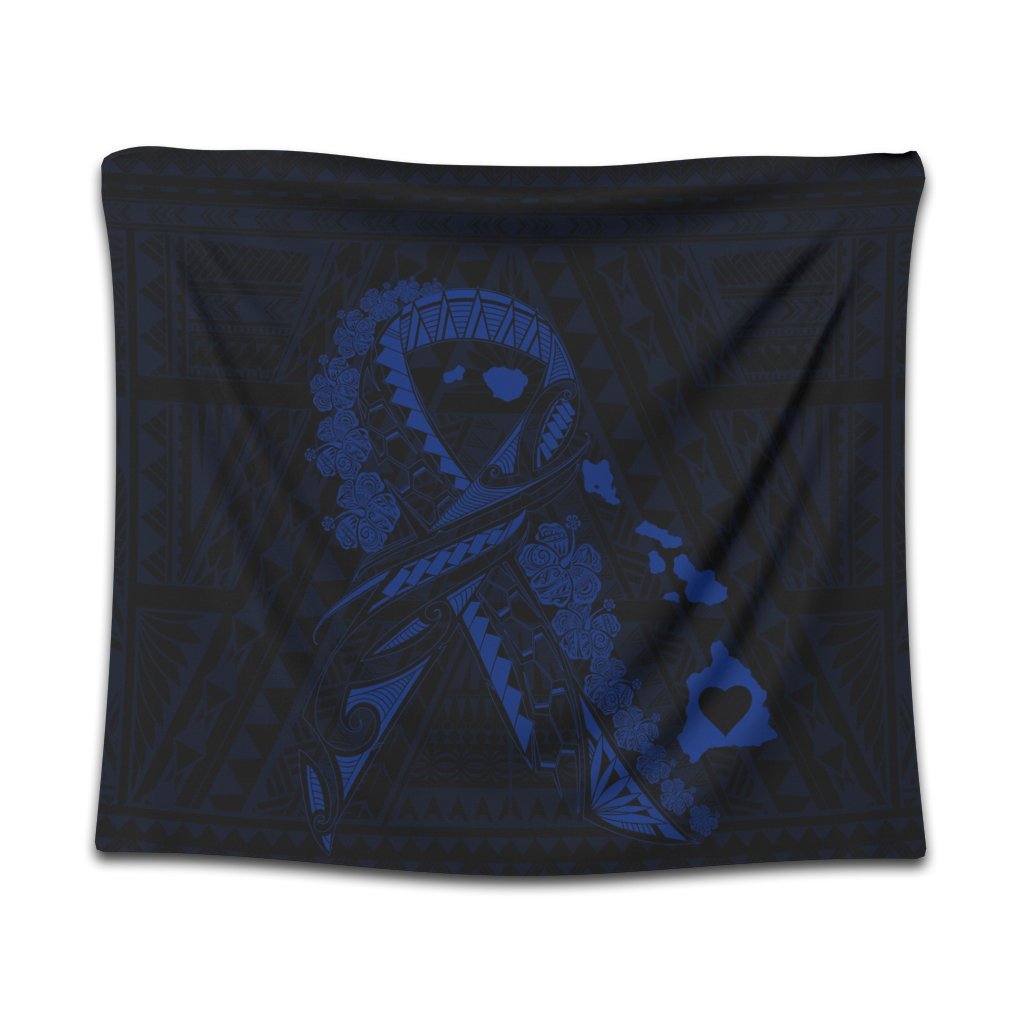 Hawaiian Map Heart Ribbon Cancer Hibiscus Blue Polynesian Tapestry - AH Wall Tapestry Black - Polynesian Pride