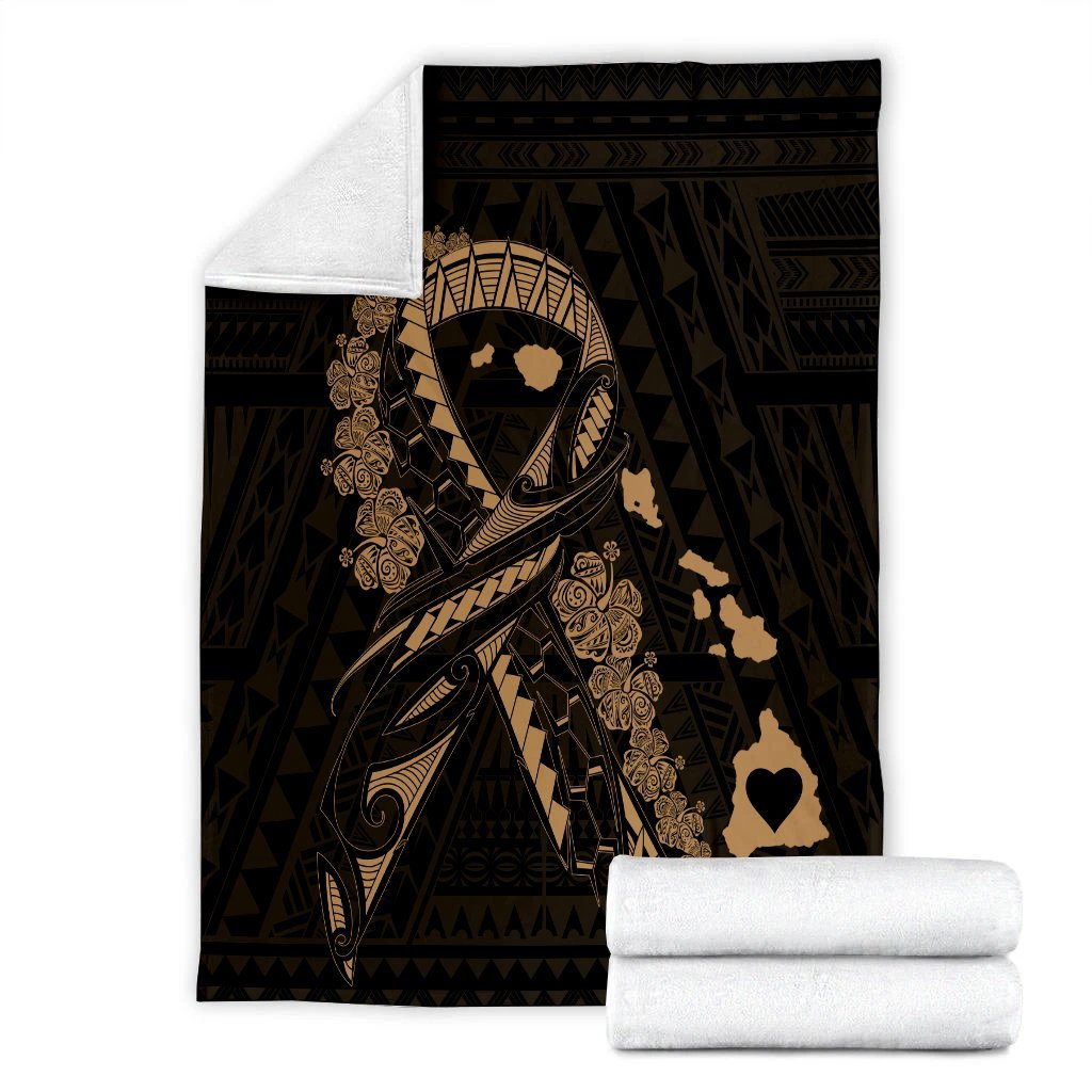 Hawaiian Map Heart Ribbon Cancer Hibiscus Gold Polynesian Premium Blankets - AH - Polynesian Pride