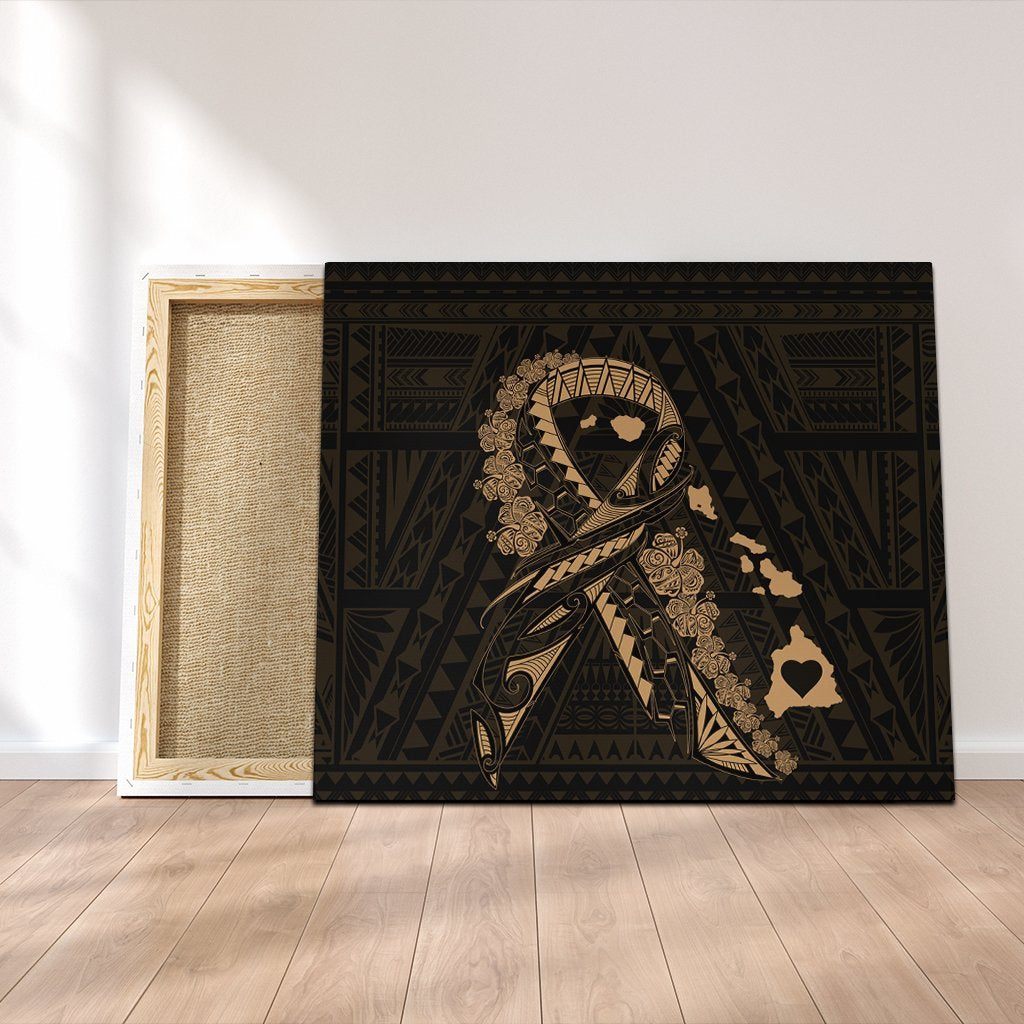 Hawaiian Map Heart Ribbon Cancer Hibiscus Gold Polynesian Canvas - AH Canvas Poly-cotton - Polynesian Pride