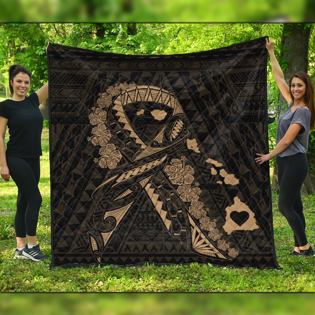 Hawaiian Map Heart Ribbon Cancer Hibiscus Gold Polynesian Premium Quilts - AH Black - Polynesian Pride