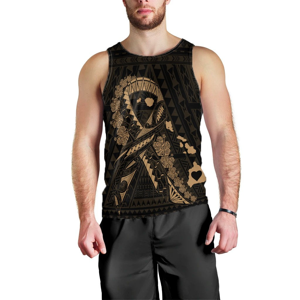 Hawaiian Map Heart Ribbon Cancer Hibiscus Gold Polynesian Tank Top - AH Black - Polynesian Pride