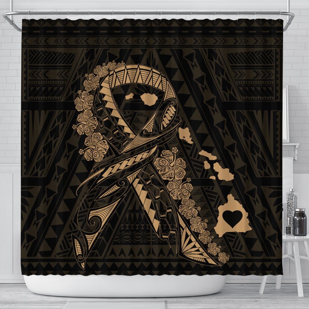 Hawaiian Map Heart Ribbon Cancer Hibiscus Gold Polynesian Shower Curtain - AH 177 x 172 (cm) Black - Polynesian Pride