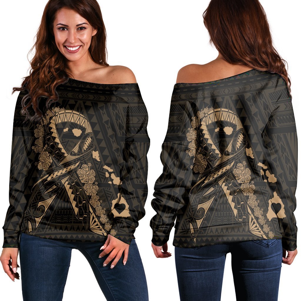 Hawaiian Map Heart Ribbon Cancer Hibiscus Gold Polynesian Women's Off Shoulder Sweater - AH Black - Polynesian Pride