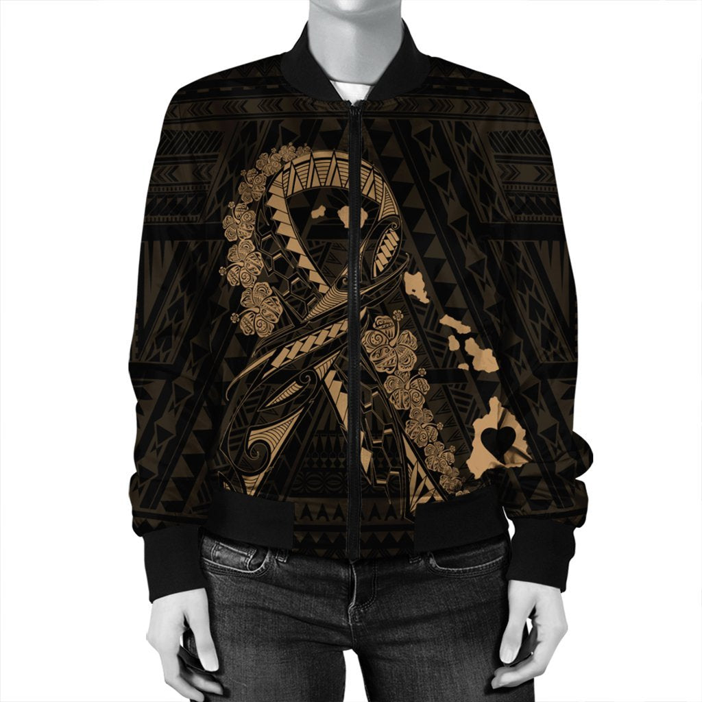 Hawaiian Map Heart Ribbon Cancer Hibiscus Gold Polynesian Bomber Jacket - AH - Polynesian Pride