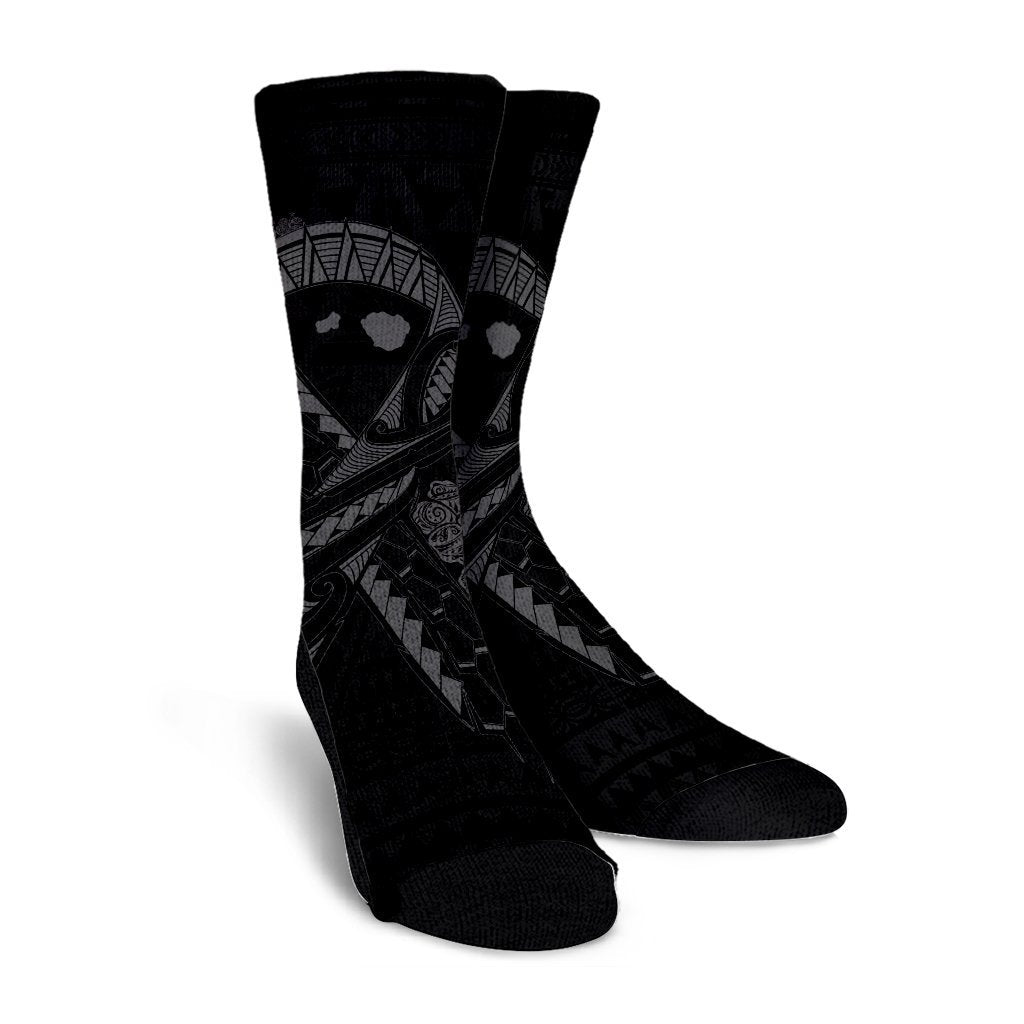 Hawaiian Map Heart Ribbon Cancer Hibiscus Gray Polynesian Crew Socks - AH - Polynesian Pride