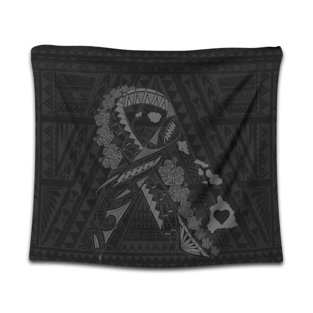 Hawaiian Map Heart Ribbon Cancer Hibiscus Gray Polynesian Tapestry - AH Wall Tapestry Black - Polynesian Pride