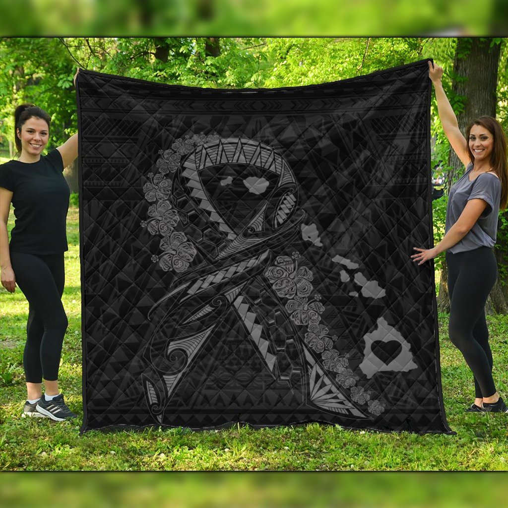 Hawaiian Map Heart Ribbon Cancer Hibiscus Gray Polynesian Premium Quilts - AH Black - Polynesian Pride