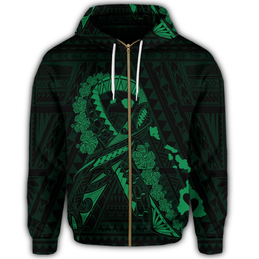 Hawaiian Map Heart Ribbon Cancer Hibiscus Green Polynesian Zip Hoodie - Polynesian Pride