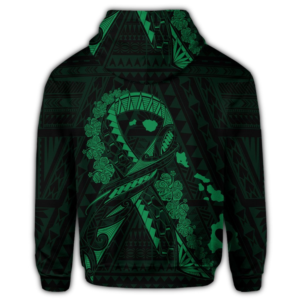 Hawaiian Map Heart Ribbon Cancer Hibiscus Green Polynesian Zip Hoodie - Polynesian Pride