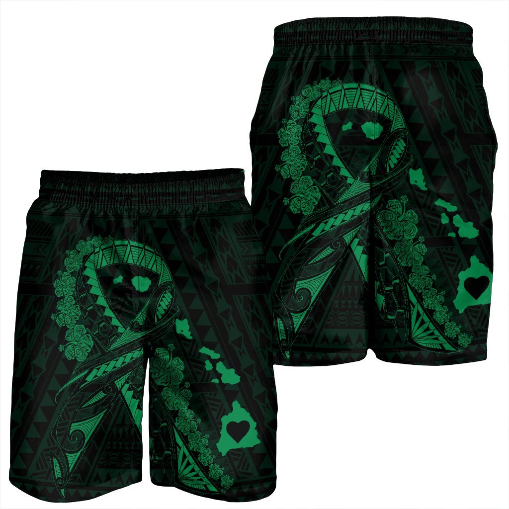 Hawaiian Map Heart Ribbon Cancer Hibiscus Green Polynesian Men's Shorts - AH - Polynesian Pride