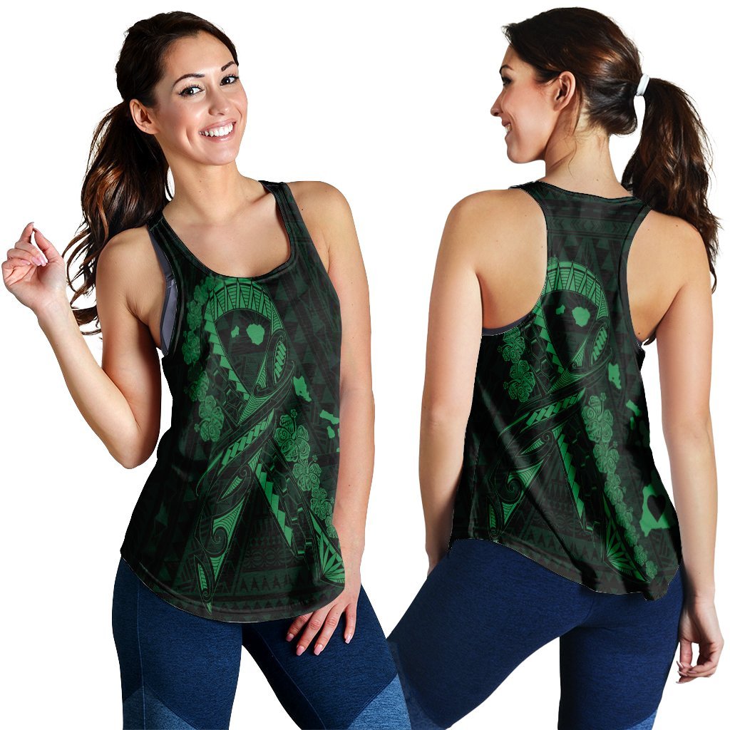 Hawaiian Map Heart Ribbon Cancer Hibiscus Green Polynesian Racerback Tank - AH Black - Polynesian Pride