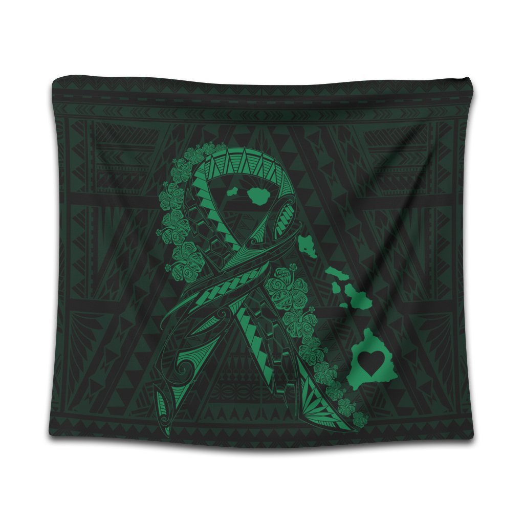 Hawaiian Map Heart Ribbon Cancer Hibiscus Green Polynesian Tapestry - AH Wall Tapestry Black - Polynesian Pride