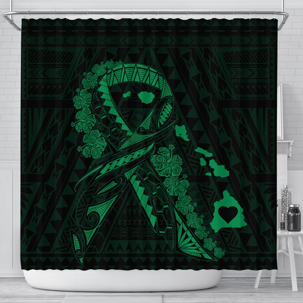 Hawaiian Map Heart Ribbon Cancer Hibiscus Green Polynesian Shower Curtain - AH 177 x 172 (cm) Black - Polynesian Pride