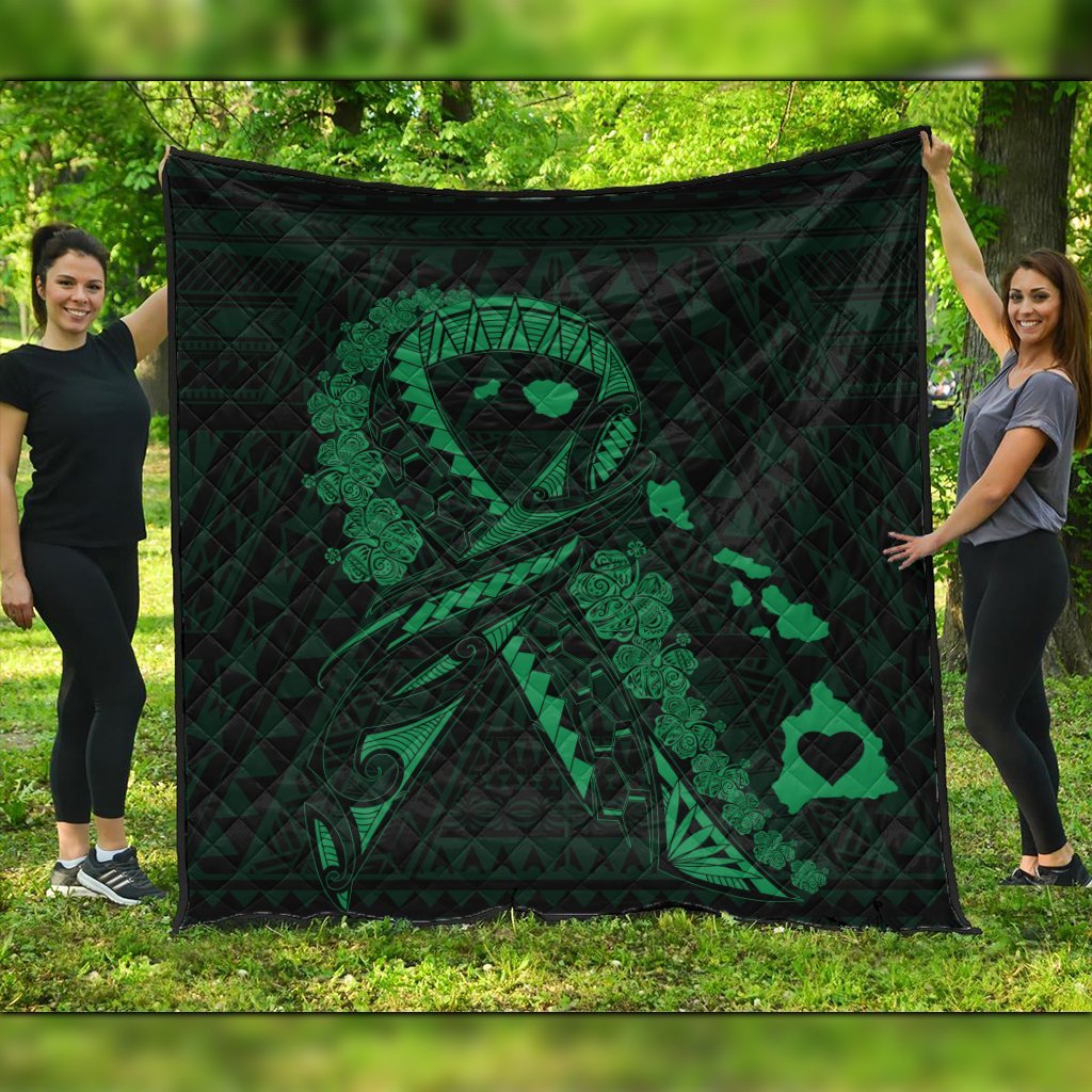 Hawaiian Map Heart Ribbon Cancer Hibiscus Green Polynesian Premium Quilts - AH Black - Polynesian Pride