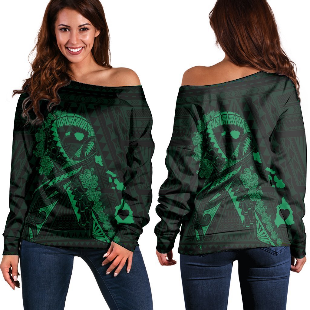 Hawaiian Map Heart Ribbon Cancer Hibiscus Green Polynesian Women's Off Shoulder Sweater - AH Black - Polynesian Pride