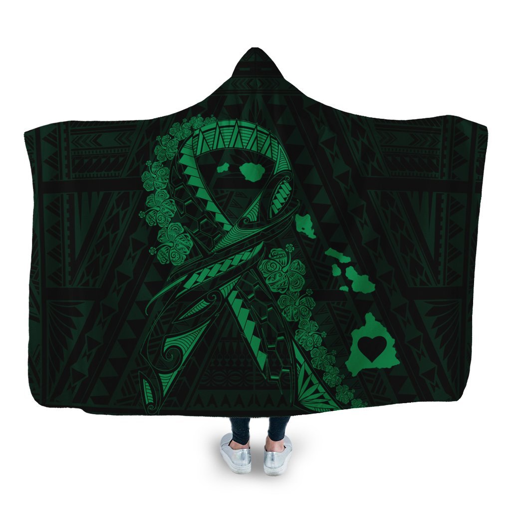 Hawaiian Map Heart Ribbon Cancer Hibiscus Green Polynesian Hooded Blanket - AH Hooded Blanket White - Polynesian Pride