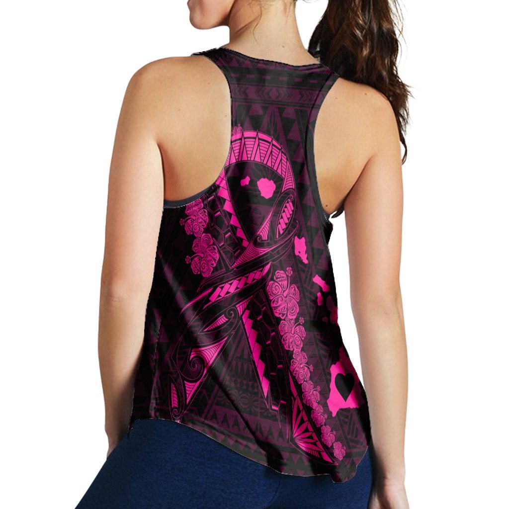 Hawaiian Map Heart Ribbon Cancer Hibiscus Pink Polynesian Racerback Tank - AH - Polynesian Pride