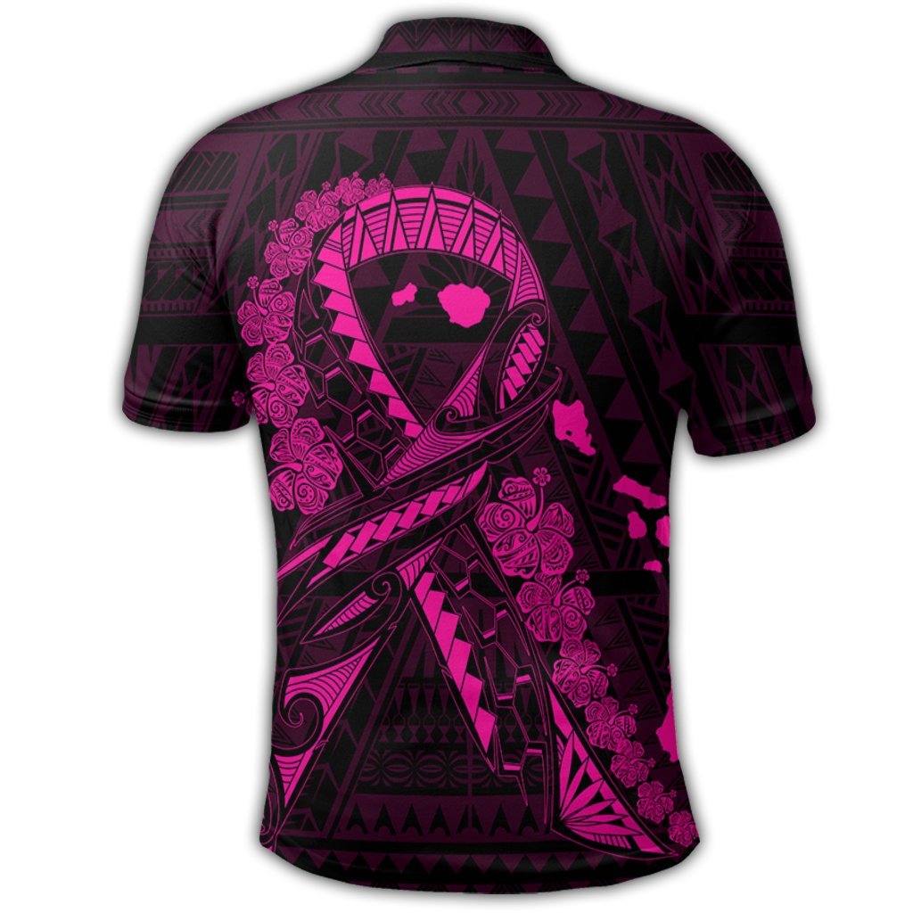 Hawaiian Map Heart Ribbon Cancer Hibiscus Pink Polynesian Polo Shirt - Polynesian Pride